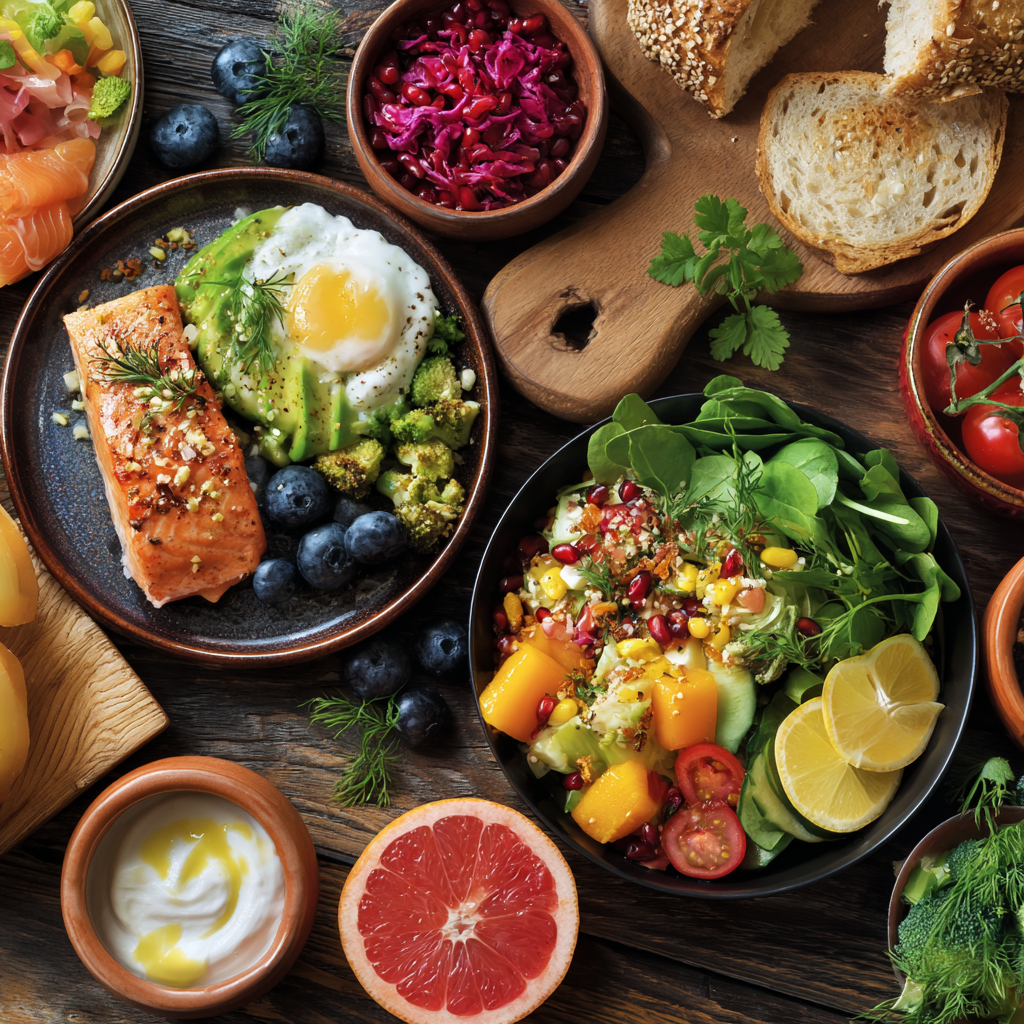 плановане здорове харчування з різноманітними стравами на столі